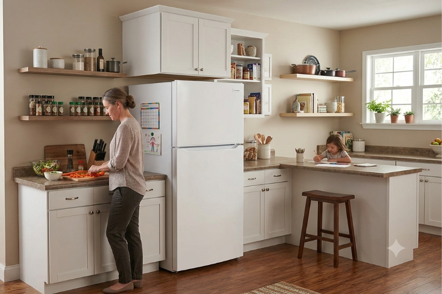 Woman cooking in a bright kitchen with a white Frigidaire top freezer refrigerator.