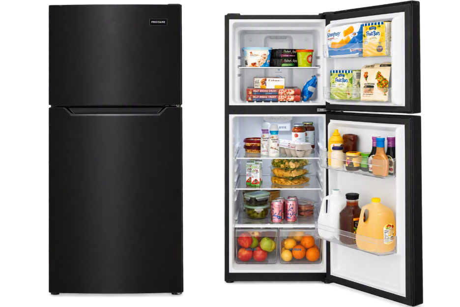 Frigidaire black top freezer refrigerator exterior and interior view showing fully stocked shelves and door bins.
