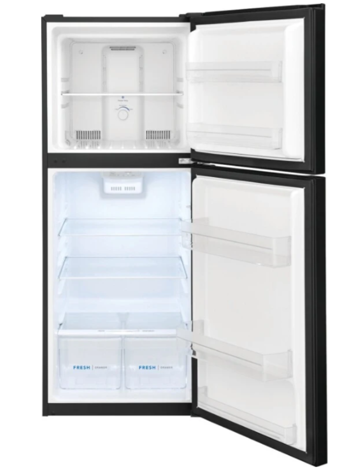 Frigidaire apartment-size top freezer refrigerator interior view showing empty shelves, crisper drawers, and door bins.