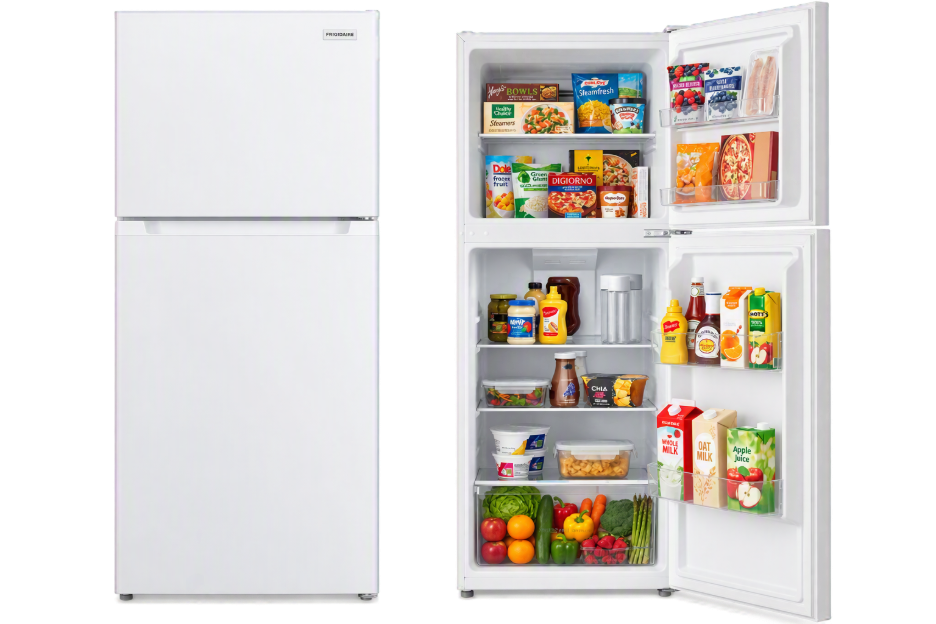 Frigidaire white top freezer refrigerator exterior and interior view with fully stocked shelves, freezer, and door bins. 