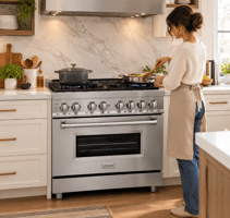 Woman cooking on a ZLINE stainless steel dual fuel range in a modern white kitchen. 