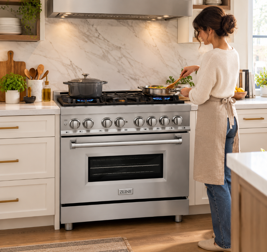 Woman cooking on a ZLINE stainless steel dual fuel range in a modern white kitchen. 