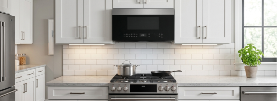 Over the range microwave installed above a gas range in a modern white kitchen.
