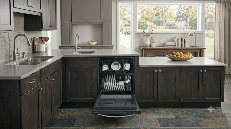 Built-in dishwasher open and loaded with dishes in a dark wood kitchen with stone tile flooring.