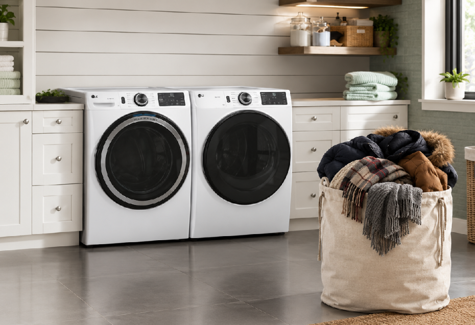 Washing machine and dryer in a modern laundry room with a bag of winter jackets, coats, and shawls.