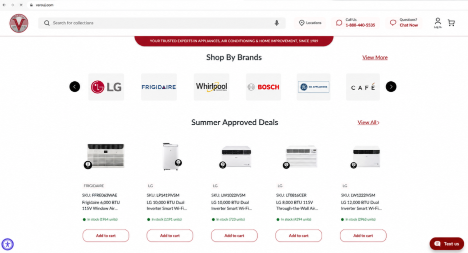 Varouj Appliances official website homepage showing brand logos and summer deals.
